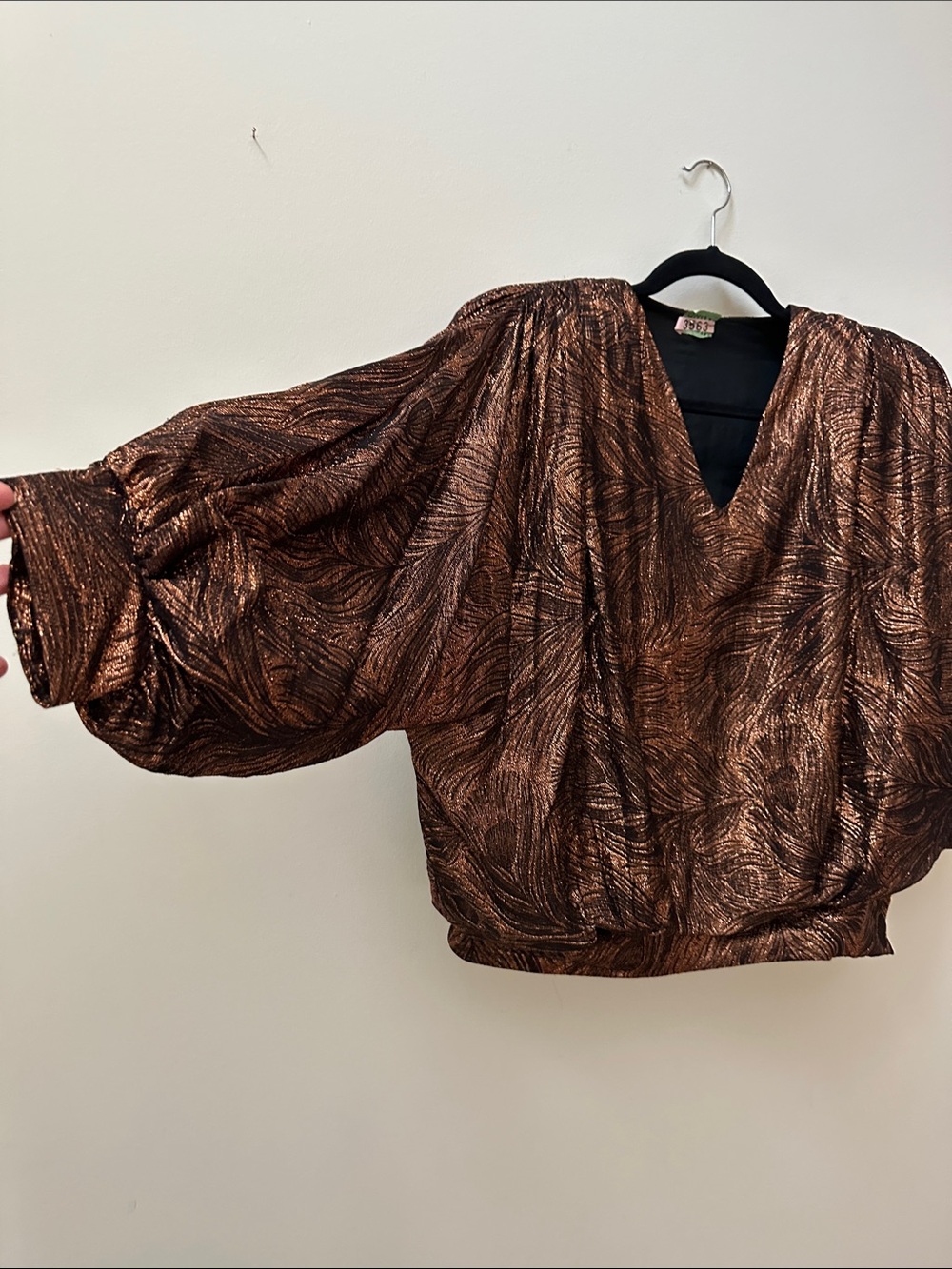 Silk Vintage 80s Metallic Bronze V-Neck Puff Sleeve Blouse - Picture 5 of 7